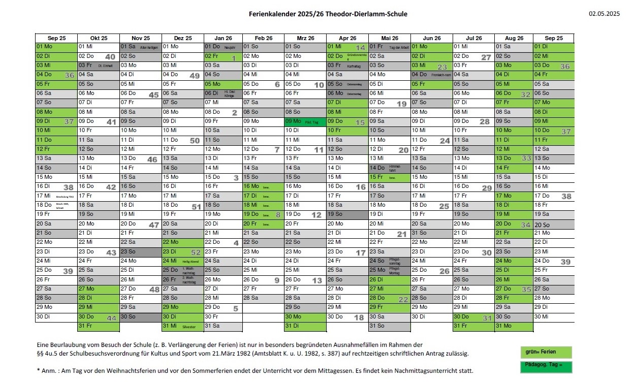 Zum Download: Ferienkalender 2025/2026 der Theodor-Dierlamm-Schule
