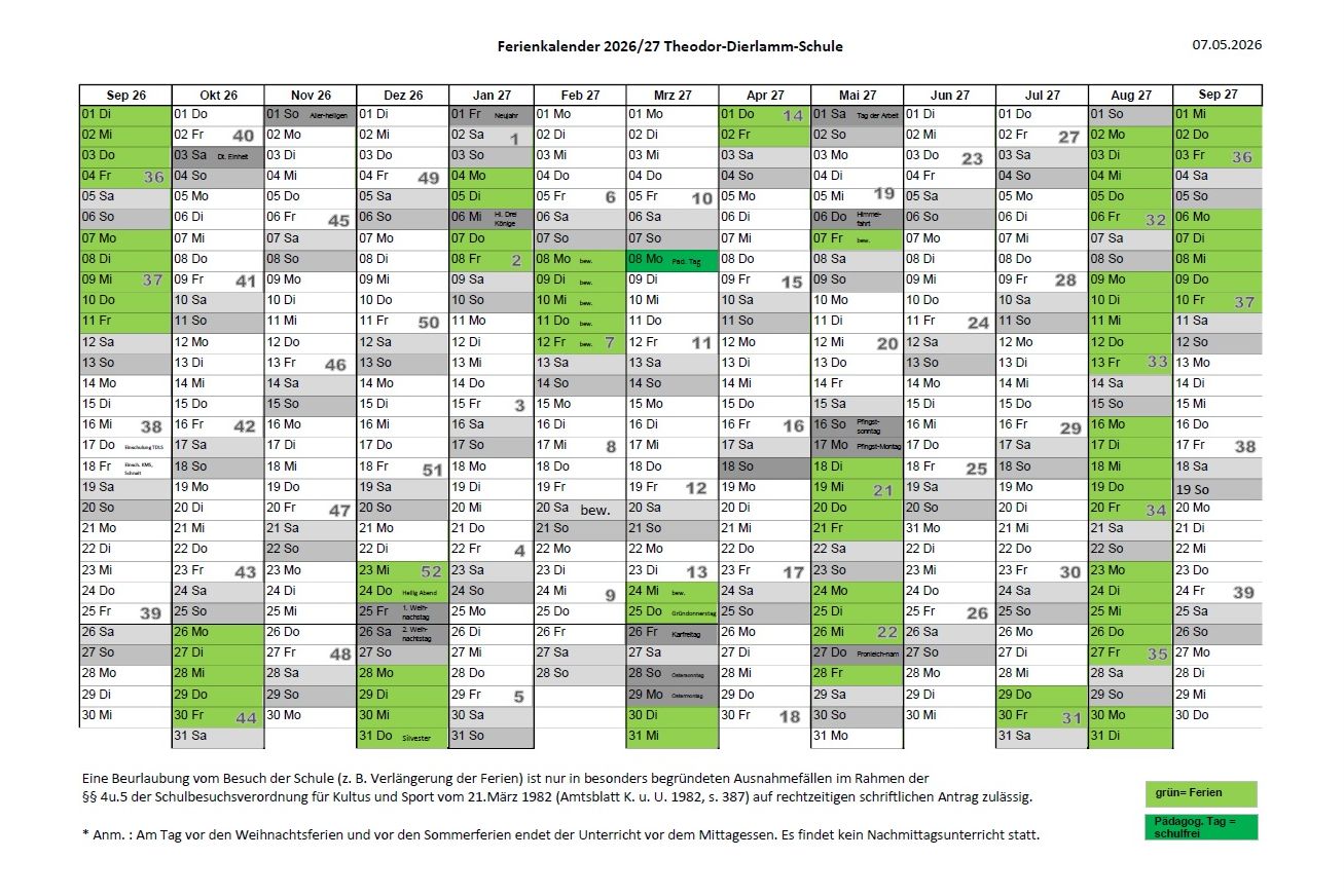 Zum Download: Ferienkalender 2026/2027 der Theodor-Dierlamm-Schule
